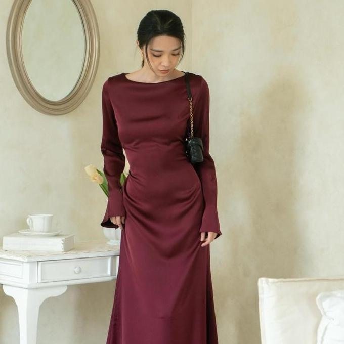 Ftx- Clea Dress | Rooha | Basic Satin Dress Panjang Wanita Terusan Lengan Panjang Long Sleeves Maxi 