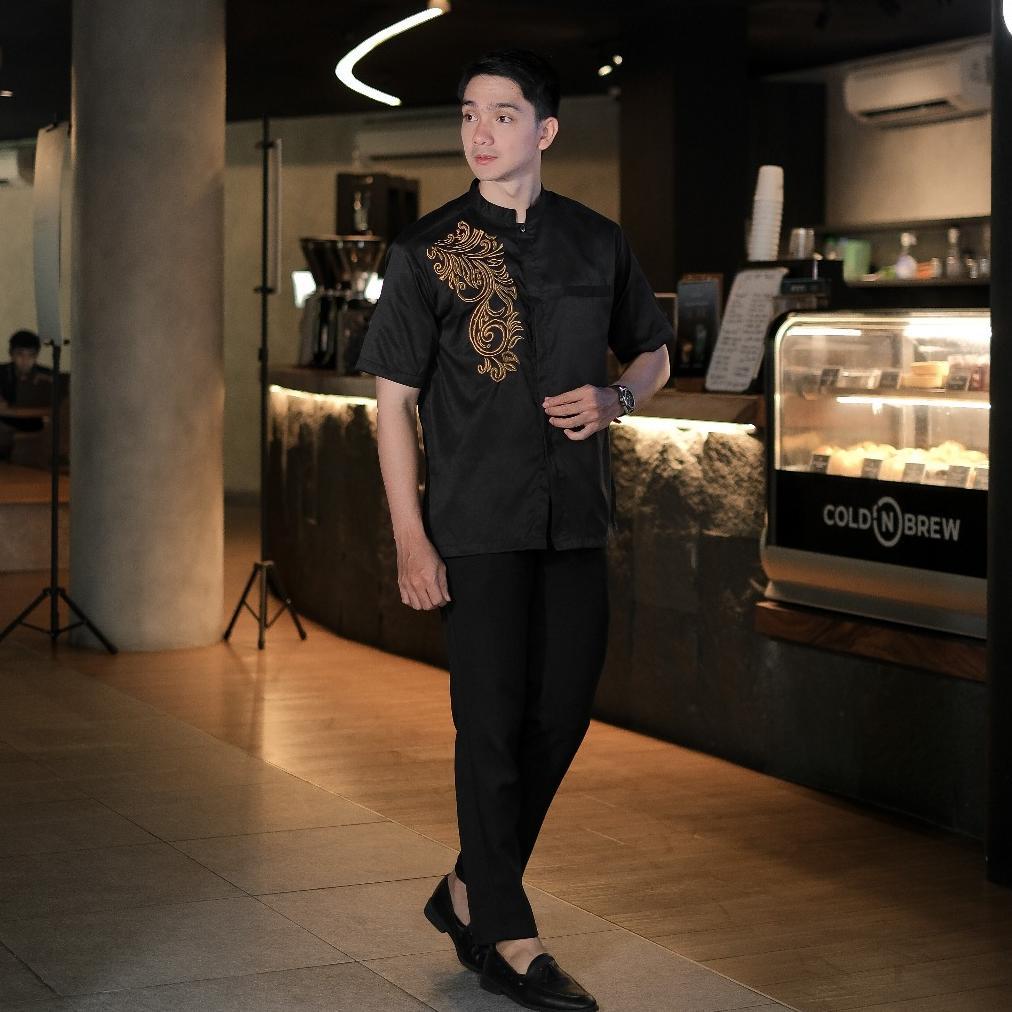 Termurah  Bastoh Baju Koko Pria Lengan Pendek Kemeja Koko Bordir Gold Maru Hitam Dewasa