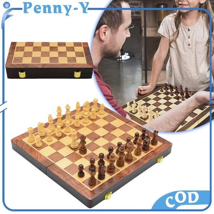 MONOLOZ Papan Catur Kayu Premium Papan Catur Magnet Magnetic Chess Board Game