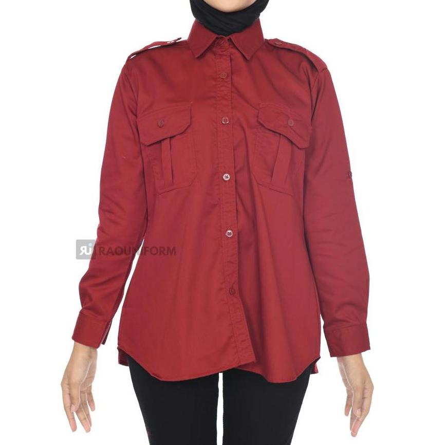 RAOUNIFORM Kemeja Maroon Lengan Panjang Wanita Baju Seragam Kerja Formal American Drill Terlaris