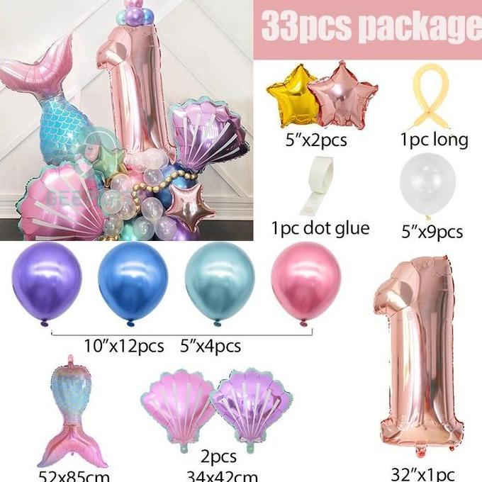 Disiniaja- 33 Pcs Tema Putri Duyung Balon Nomor Mawar Emas Balon Foil Cangkang Ekor Putri Duyung Unt