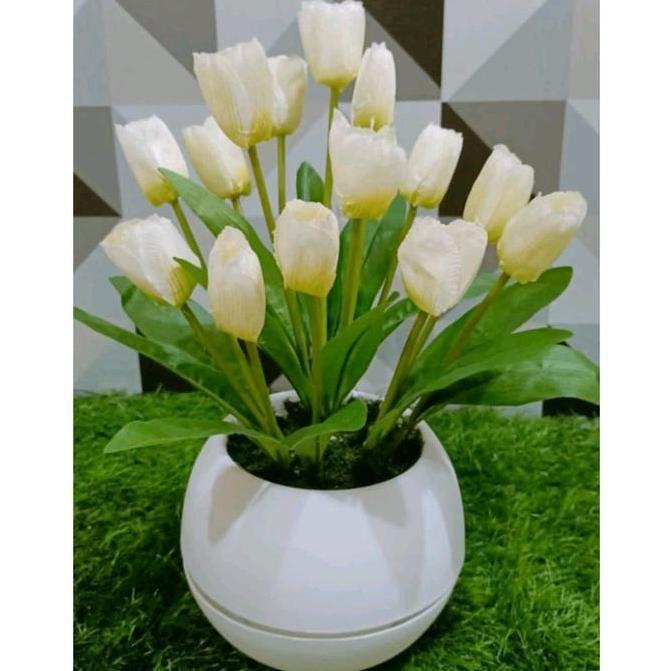Lansungkirim- Buket Bunga Tulip Artificial Dengan Pot Bola Jumbo Dekorasi Bunga Plastik