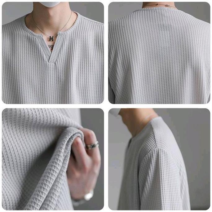 Paket 3 Pcs Kaos Waffle Polos V neck Lengan Pendek Pria Oblong DS