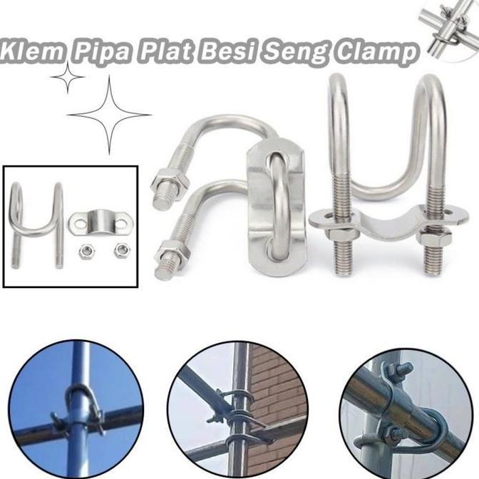 Klem Pipa Plat Besi Seng/ Klem Pipa Silang Berbentuk U Ganda/Klem Penjepit Pengait  Pipa Conduit Lis