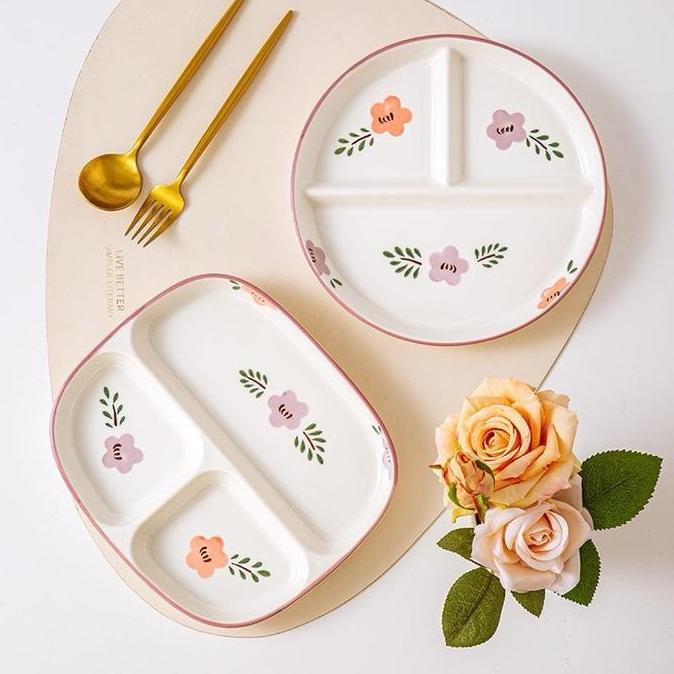 Piring Keramik Sekat Tiga 3 Motif Bunga ala Korea / Piring Makan Piring Diet Tahan Panas SM