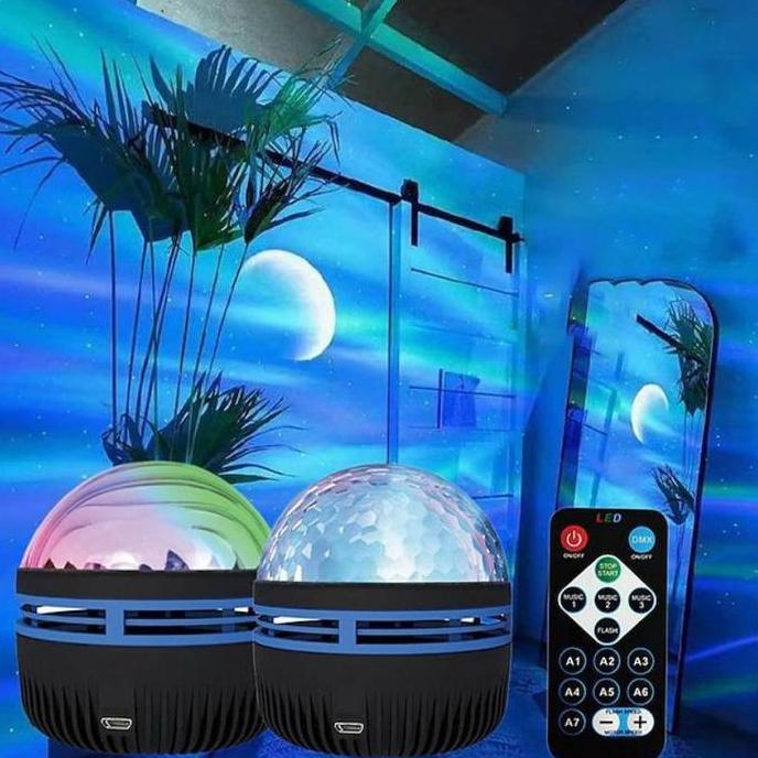 XALARA Lampu LED proyektor Aurora Disco + Remote Kamar Tidur LED Hias Malam RGB Hitam Usb Plastik