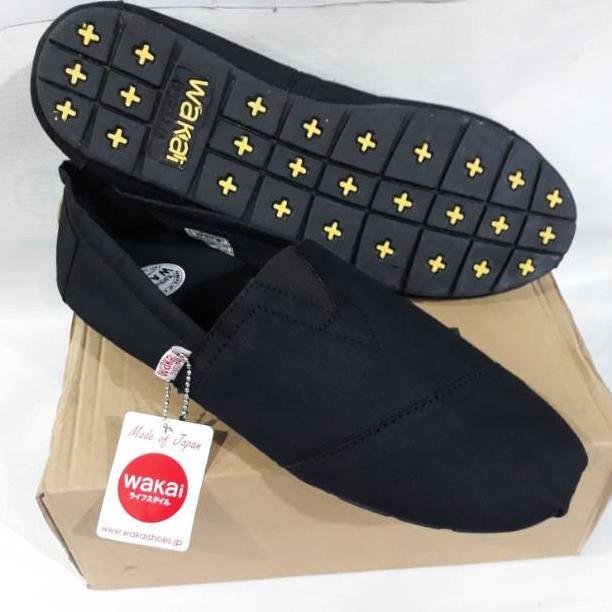 Premium Sepatu Slip On Pria Wakai Hitam/Kanvas Marun Original
