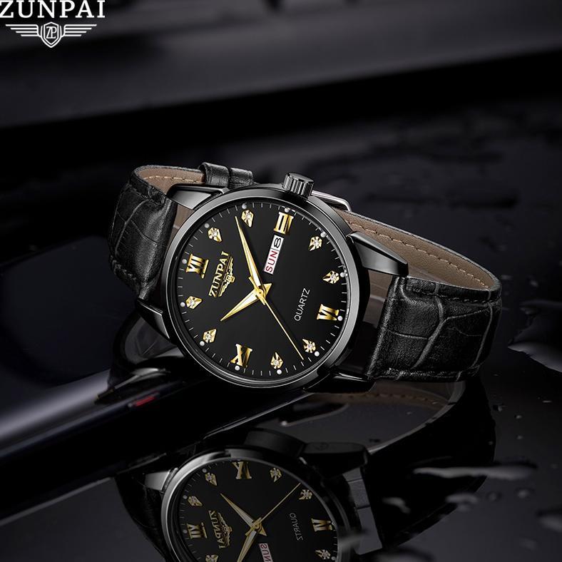 ZUNPAI Jam Tangan Pria Asli Anti Air Kalender Bercahaya Bisnis Baja Tahan Karat Emas Jam Tangan Pria