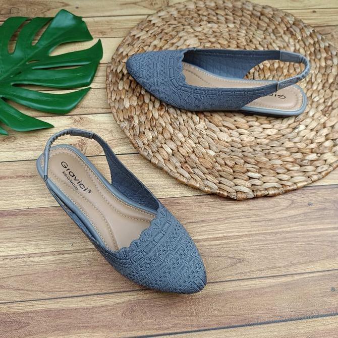 DV188 >> Sepatu Flat Wanita Bahan Rajut Geavici FL-02 Shoes Kerja Hitam Karet sandal wanita flat sho