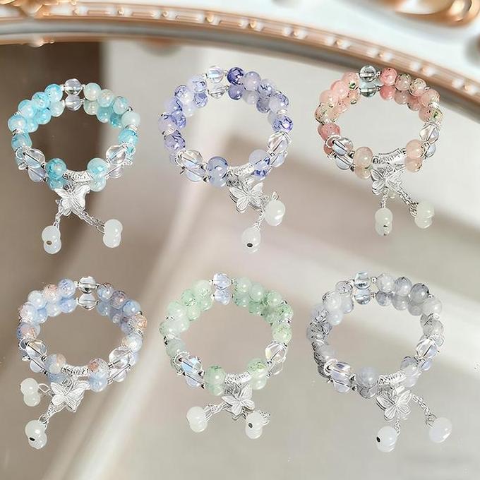 QANTASH Gelang Manik-manik Kaca Mikro Kristal, Gelang Kristal Bunga Kupu-kupu Manik-manik Bracelet