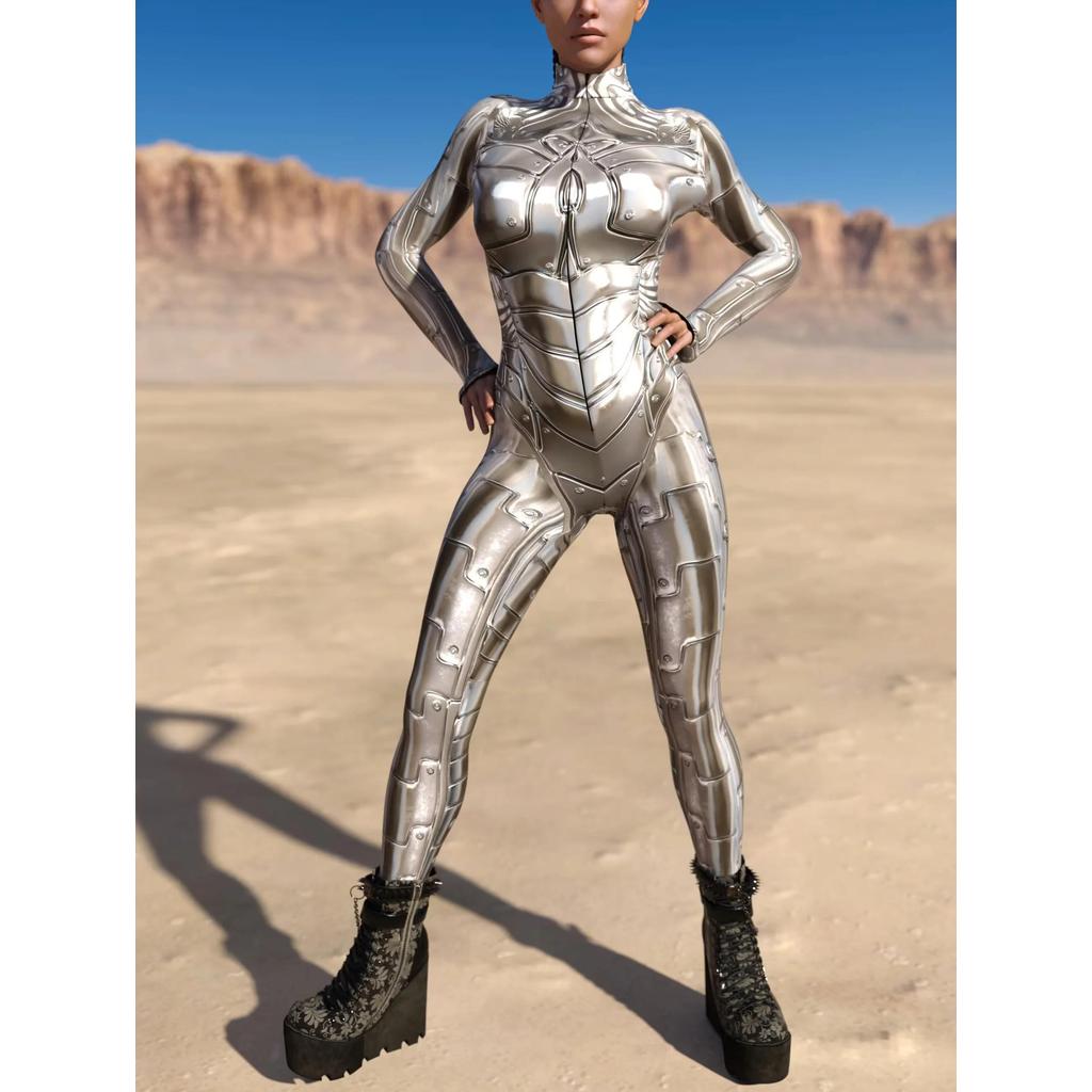 Women Sexy Mechanical CyberPunk Jumpsuit Catsuit Zipper Bodysuit Halloween Game Party Costume Female