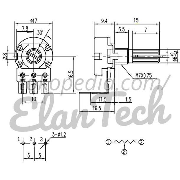 C25k Potensio Vertikal Mono Tuas Pendek Potensiometer 25kC ElanTech