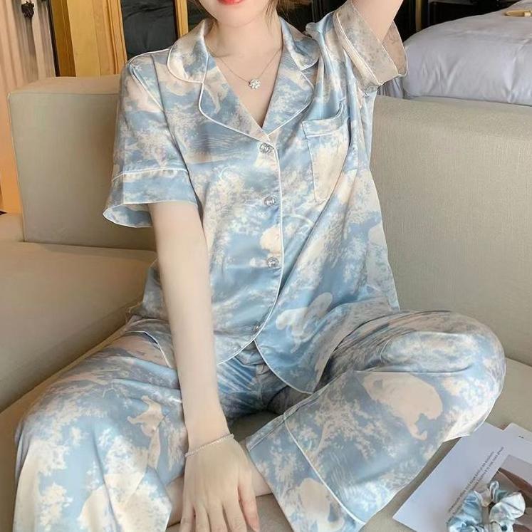 2025 piyama sutra sutra es tie-dye baru piyama wanita sutra manis dan indah angin lengan pendek cela