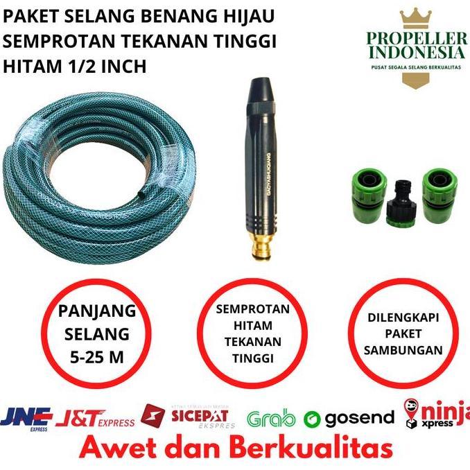 Cleanbit- Selang Air 1/2 Inch Benang Hijau Paket Semprotan Air Cuci Motor Hitam