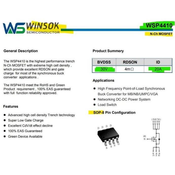 WSP4410 30V 20A N-Channel MOSFET 4410 SOP-8 Winsok Semiconductor