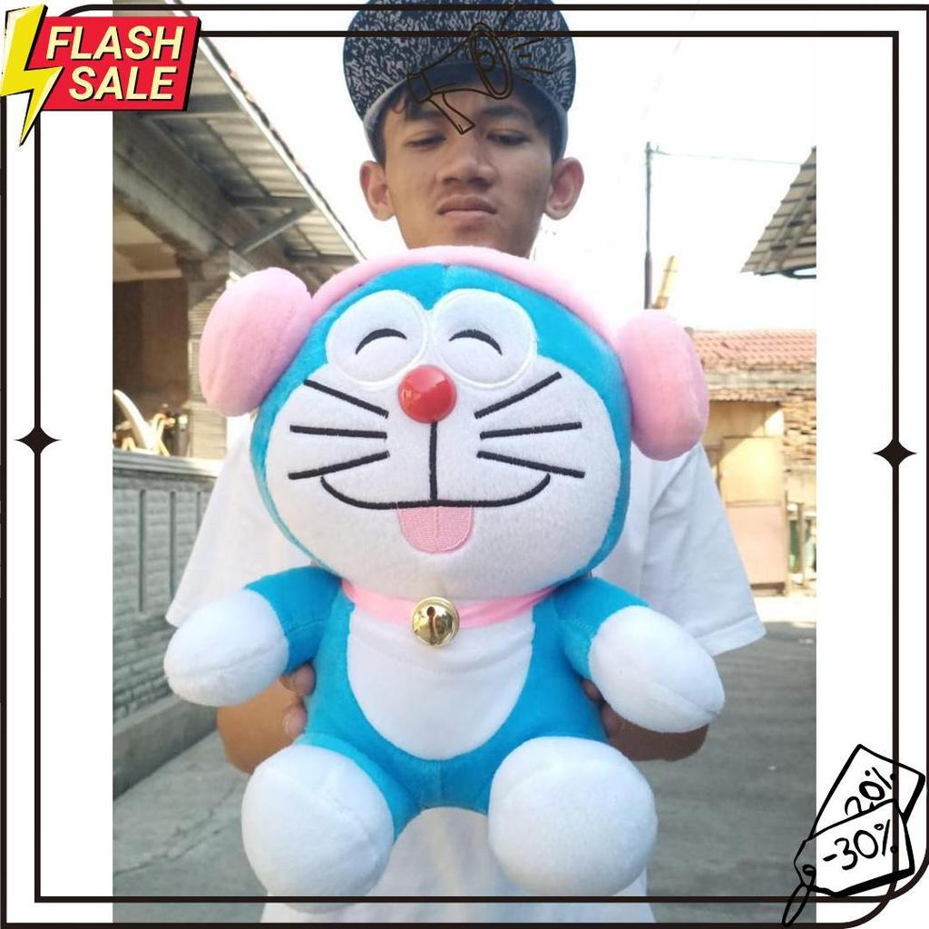 Boneka Doraemon Pake Headset Pink / Boneka Led / Mainan Anak Karakter Kartun 6.6