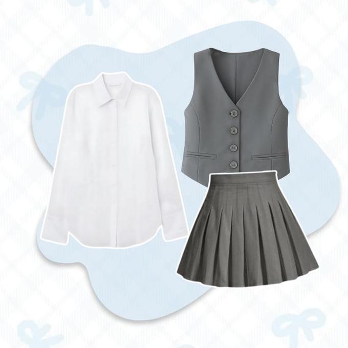 Oneset One set 4in1 setelan hijab wanita kemeja basic polos vest rompi rok rampel wiru a line pasmin