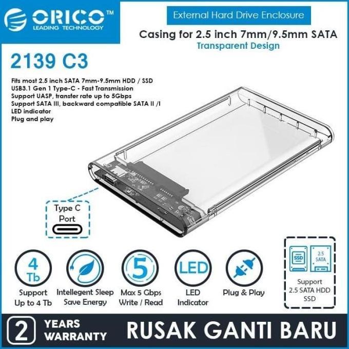 TERBARU - ORICO 2139C3 2.5 inch Type-C Transparent Hard Drive Enclosure - 2139C3- Centratech