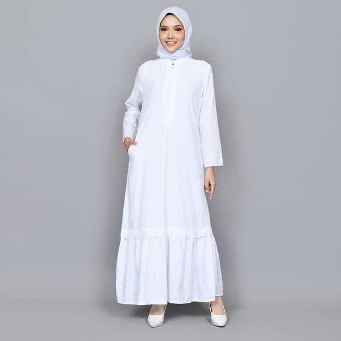 Raisma - Nihan Gamis Putih Katun Bordir Umroh Haji Model Rempel Ayassh Jepang Jilbab Motif Muslim Le