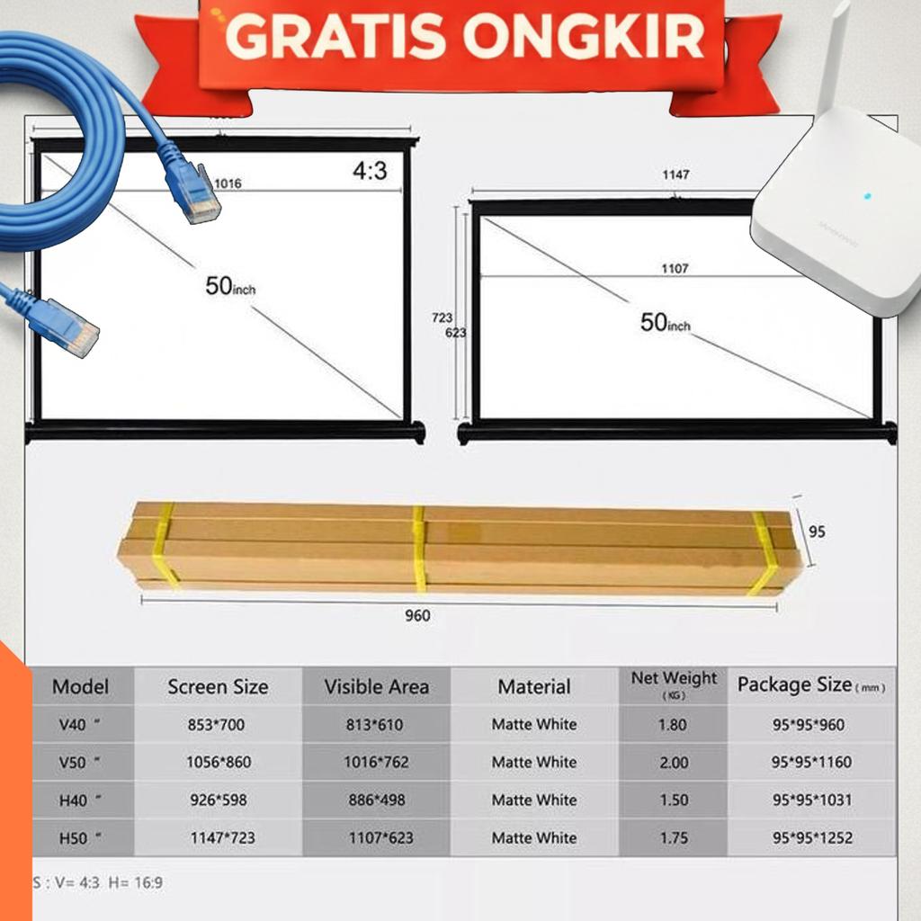 Layar Screen Proyektor 50 Inch 4:3 Dan 16:9 | Layar Proyektor Portable