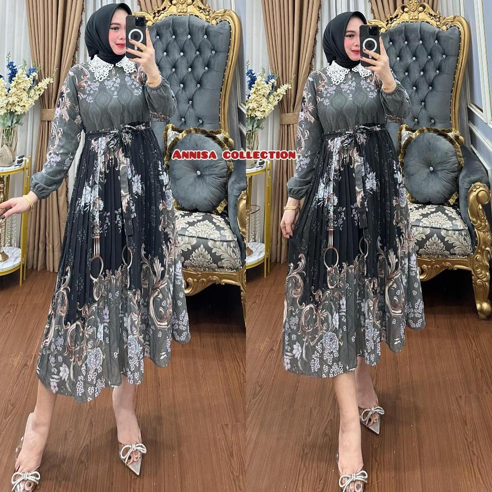 BISA [COD] Gamis Midi Dress/Gamis Motif Bunga Midi Dress