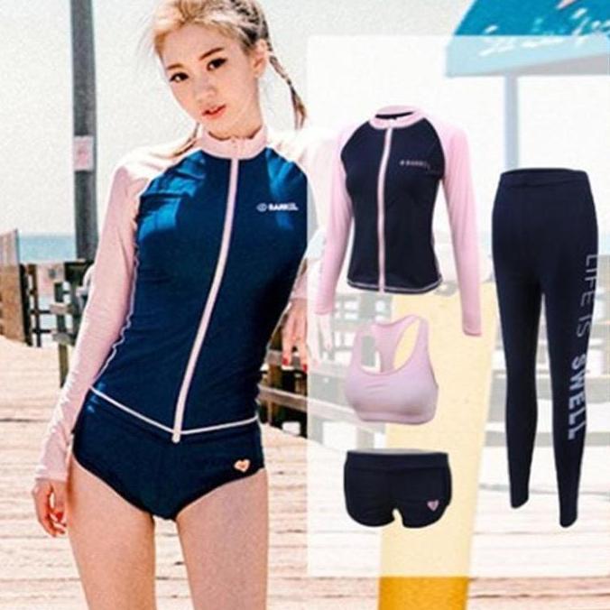 Whyy- Barrel Pink Navy Bikini Set 4 Pcs / Pink Bikini Set Swimsuit Wanita / Korean Swimwear / Baju R