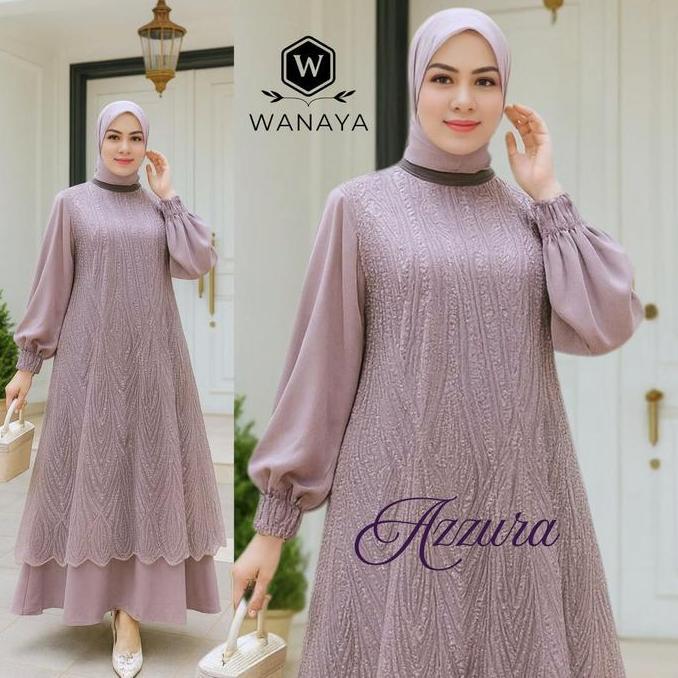 Murah Azzura Gamis Ceruty Babydoll Mix Outer Brokat Tulle/Tile Elegan Dress Muslimah Model Terbaru u