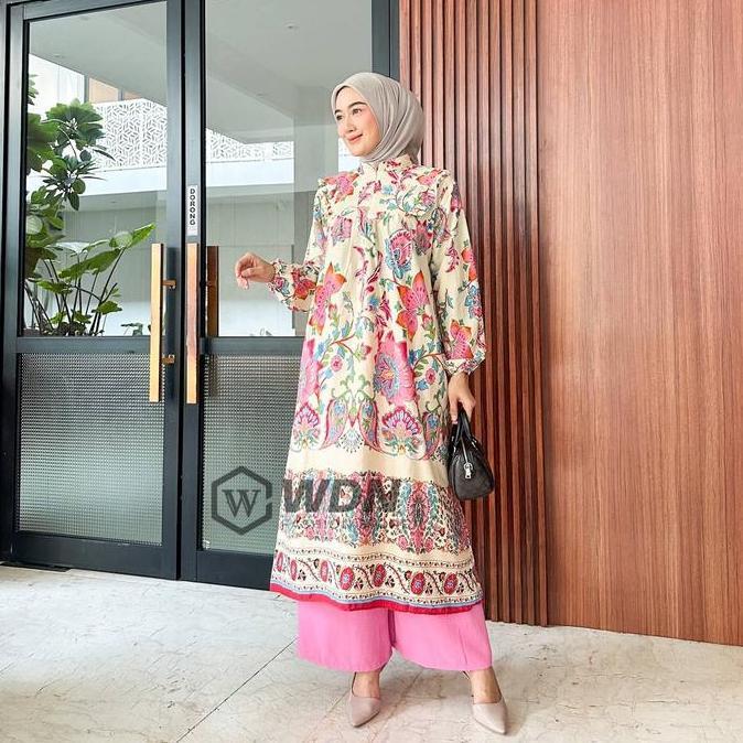 OOTD Setelan Midi Katun Delvina Mix Pants / Oneset Setelan Tunik Wanita Rayon Premium Motif Bunga Bu