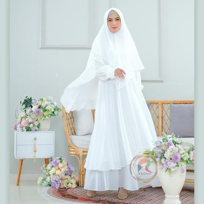 Raisma - Mafaza Gamis Syar'i Putih Set Khimar Yulita Bahan Ceruti Babydoll Baju Umroh Haji Muslim Wa