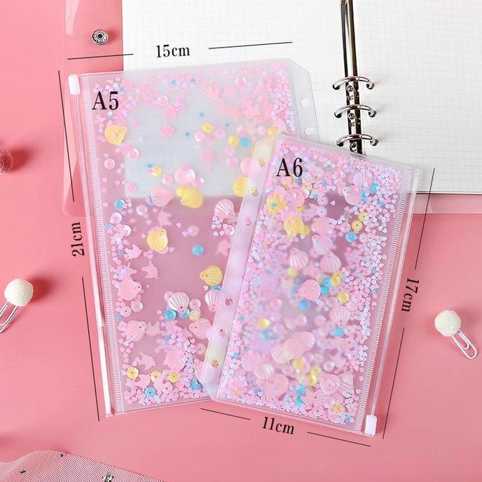 NAKAHARA Ziplock sequin glitter A5 A6 isi binder 6 ring Keuangan Pink Purple Blue zipper bag buku ke