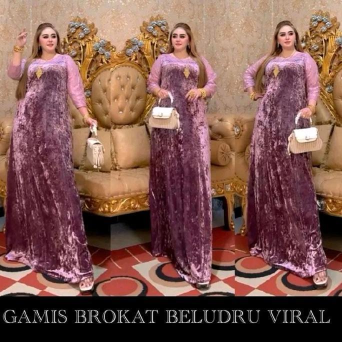 Murah Gamis Jevani Beludru Elegan & Brukat Kombinasi, Lengan 7/8 Non COD