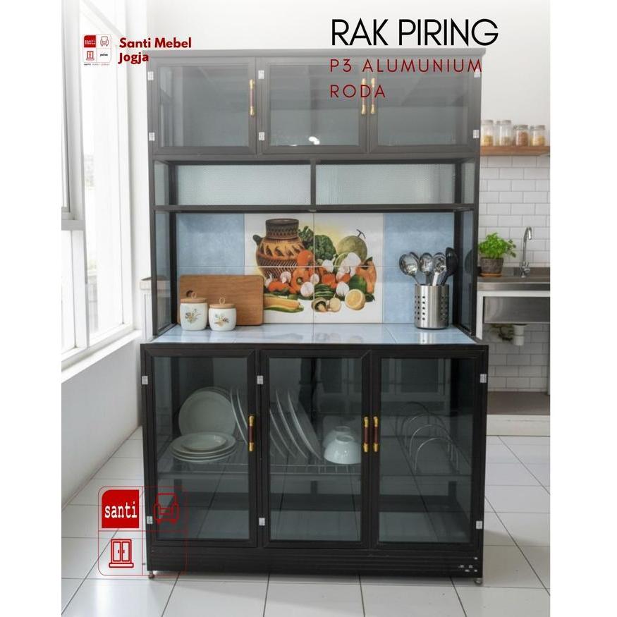 Lemari Dapur Rak Piring Aluminium 3 Pintu HDI Hit ABKTRAP Roda