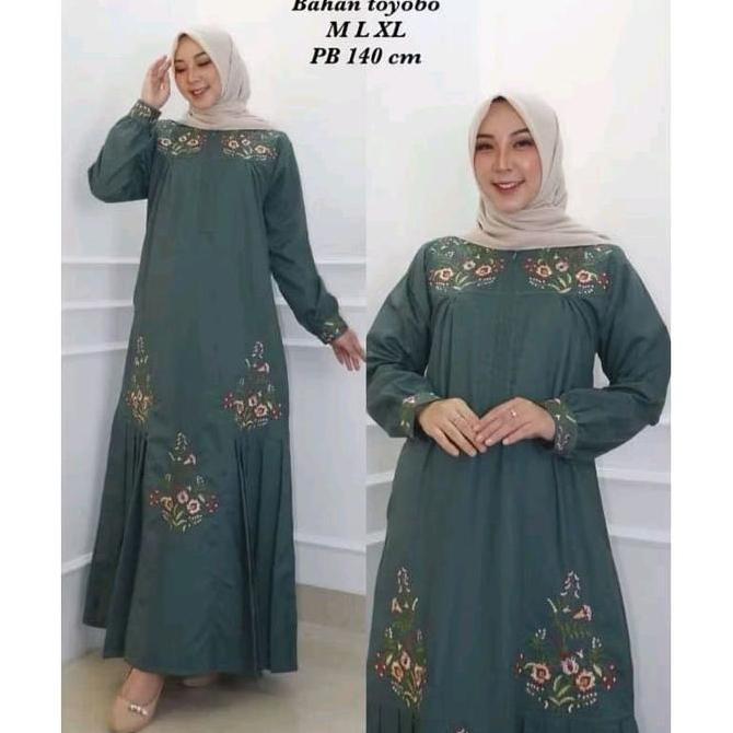 Gamis Bordir Bunga Toyobo Premium Busui Friendly Wudhu Friendly - Radiafashion - Pesta, Katun, Maxi,