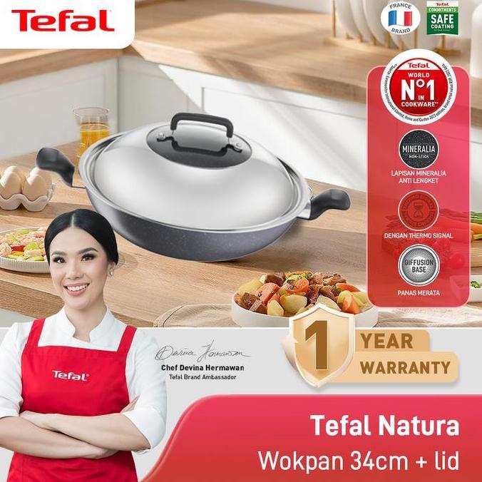 Tefal Wajan Kuali Penggorengan Anti Lengket Natura Wokpan 34cm + Tutup
