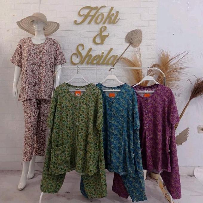 Baju tidur hoki sheila jumbo rayon premium ld 120 lengan pendek celana panjang bahan rayon premium L