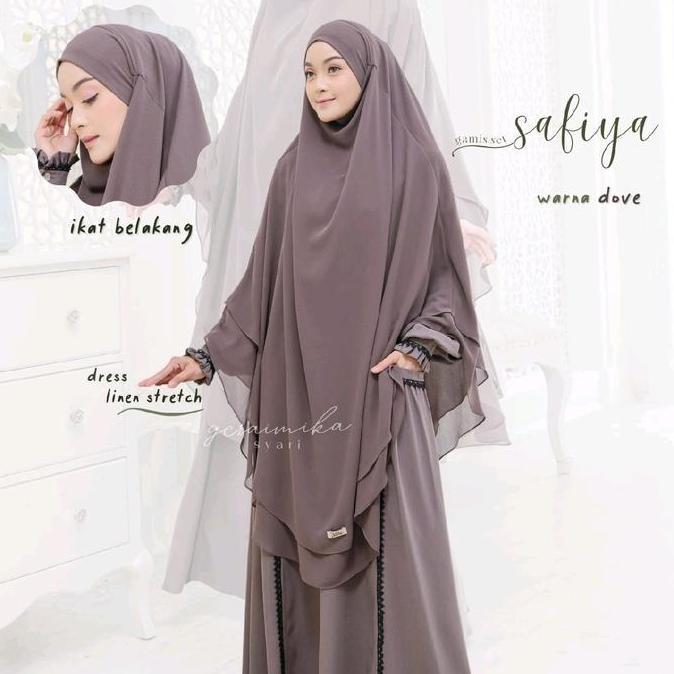 Safiya  gamis syari Dress  Panjang Muslim Manset Kancing Kombinasi Army Khimar Maroon Renda Stretch 