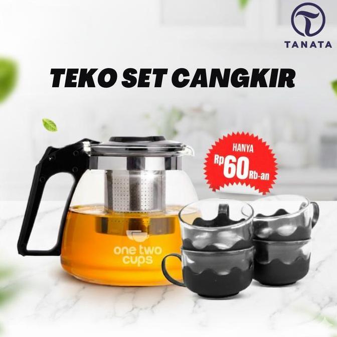 Teko Kaca Tahan Panas Set Teko Teh Chinese Teapot Pitcher 950ml with 4 Gelas Cangkir Ceret Set teh k