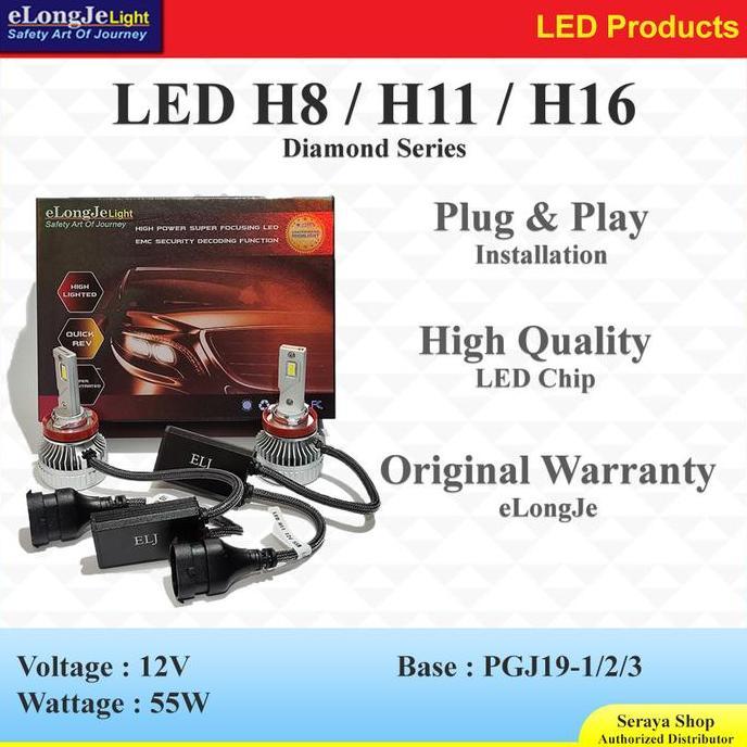 ELongJe Lampu LED Diamond H8 / H11 / H16 12V 55W Focus Beam TERBARU