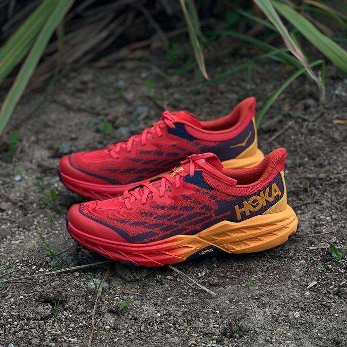 Ready stock Sepatu Running Trail Pria Hoka Speedgoat 5 Red Orange Vibram
