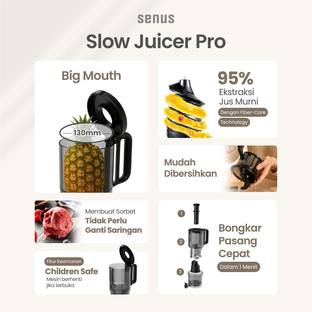 Senus Slow Juicer Pro 220W - Pengekstrak Buah 95% Tanpa Ampas  Mudah Dibersihkan