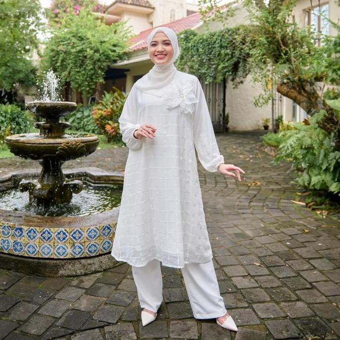 Murah ZM Zaskia Mecca - Bivana Midi Dress Gamis - White Series - Binar Samudra Bordir Crinkle Non CO