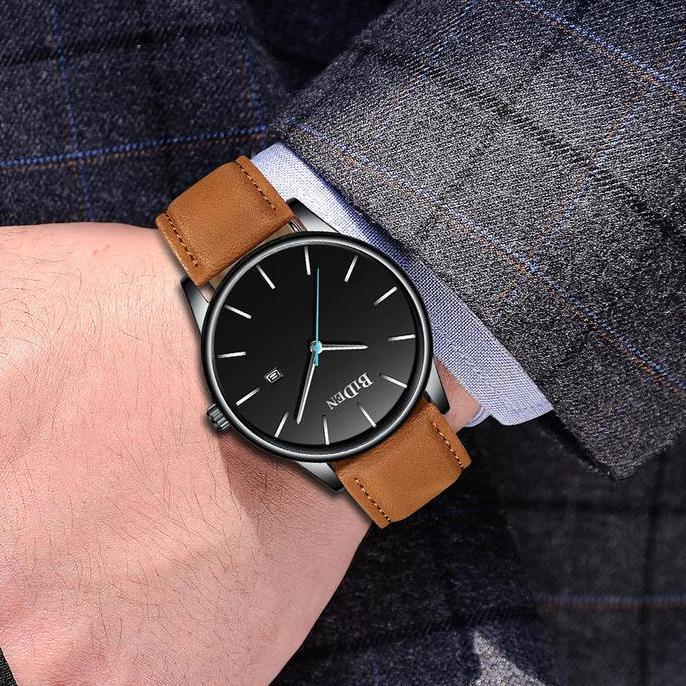 BIDEN Jam Tangan Pria Kalender Bisnis Tali Kulit Jam Tangan Cowok