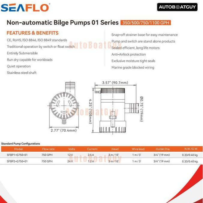 Ready stock Bilge Pump Manual SEAFLO 750 GPH 12V (Pompa Celup Kapal 750 GPH) SFBP1-G750-01
