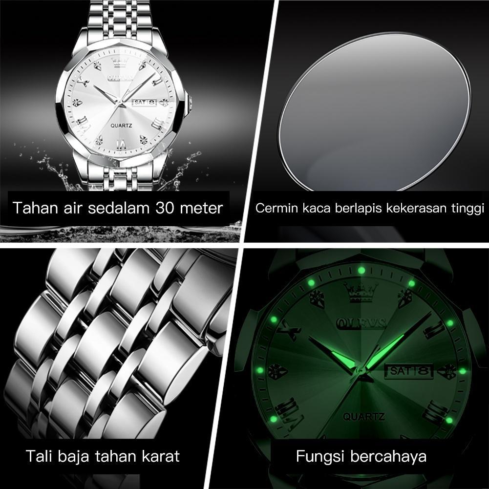 Olevs Jam Tangan Pria Anti Air Original Cowok Kalender Bercahaya Analog Luminous Stainless Steel Men