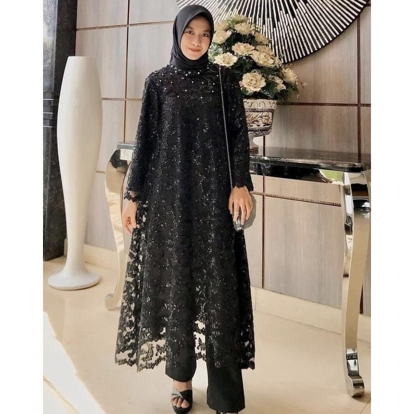 MEGA PROMO SET ASTERIA (3warna) Atasan Tunik dan Celana L XL XXL 3XL Setelan Wanita Pesta Brokat Kon