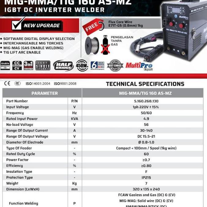 Terjangkau Mesin Las Multipro Mig Mma Tig 160 As-Mz Las Co Tanpa Gas Migi Co2 Igb