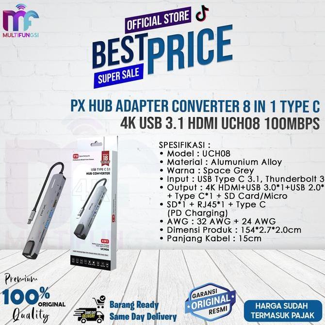 PX Hub Adapter Converter 8 in 1 Type C 4K USB 3.1 HDMI UCH08 100Mbps
