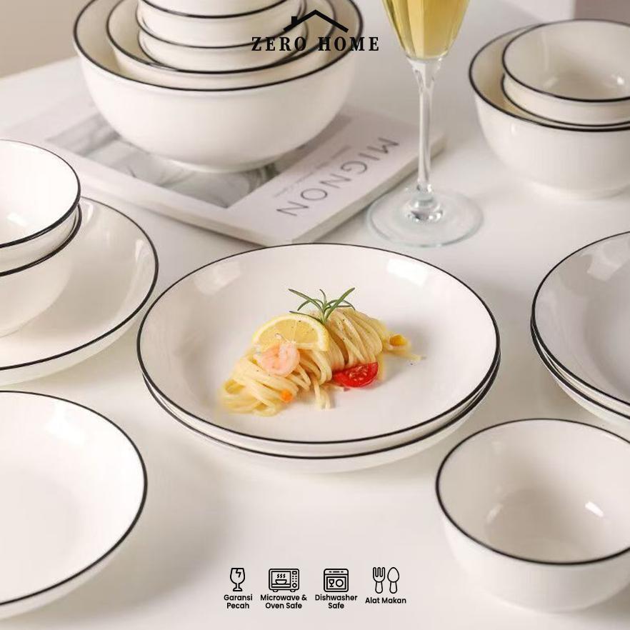 BEST SELLER SET PIRING KERAMIK TEBAL LIST ABU 4 PCS ELEGANT MEWAH / PIRING SAJI CANTIK SULTAN MEWAH