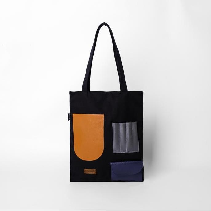 Bags- Pamole - Tote Bag Kanvas Penutup Resleting Kombinasi Saku Kulit - Litten Series  Totebag Tote 