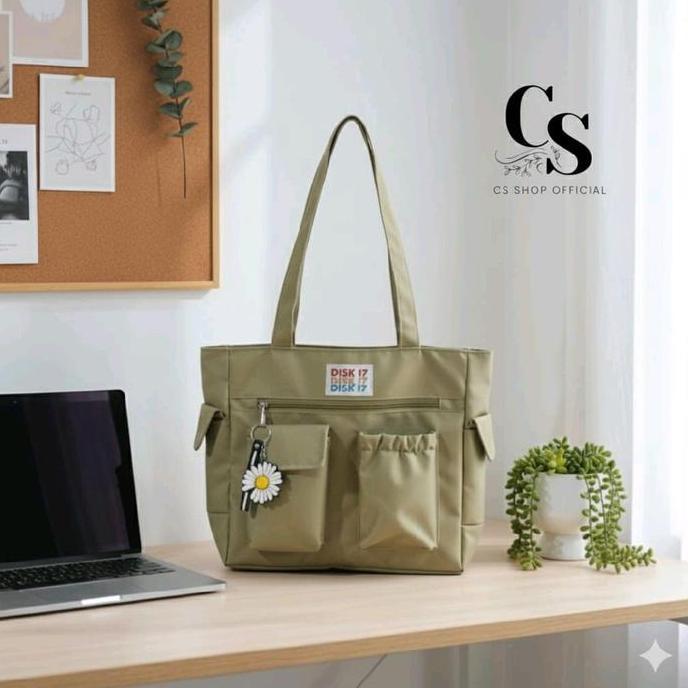 Bags- Tas Totebag Tas Disk 17 Wanita Bahan Kanvas Muat Laptop Buku Tas Selempang Bahu Korea Tas Wani